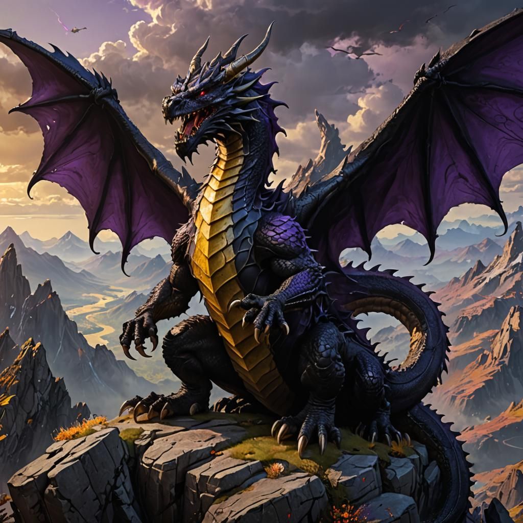 Angry Black Dragon on Mountain, Dark Fantasy Art