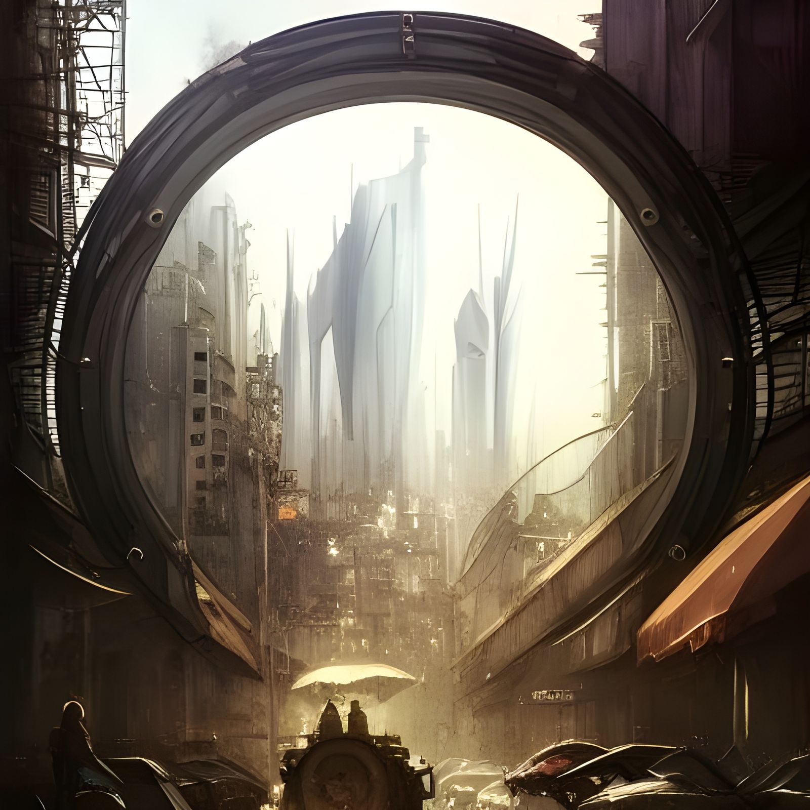 Futuristic Cityscape Through Metal Archway, Hyperdetailed Di...
