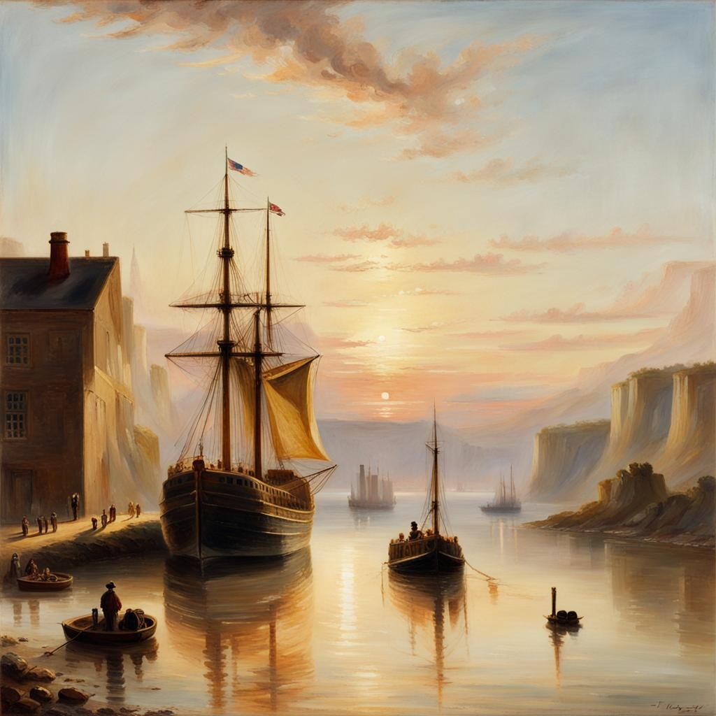 Steam Tug Tows Warship at Sunset: Turner-esque Oil Painting