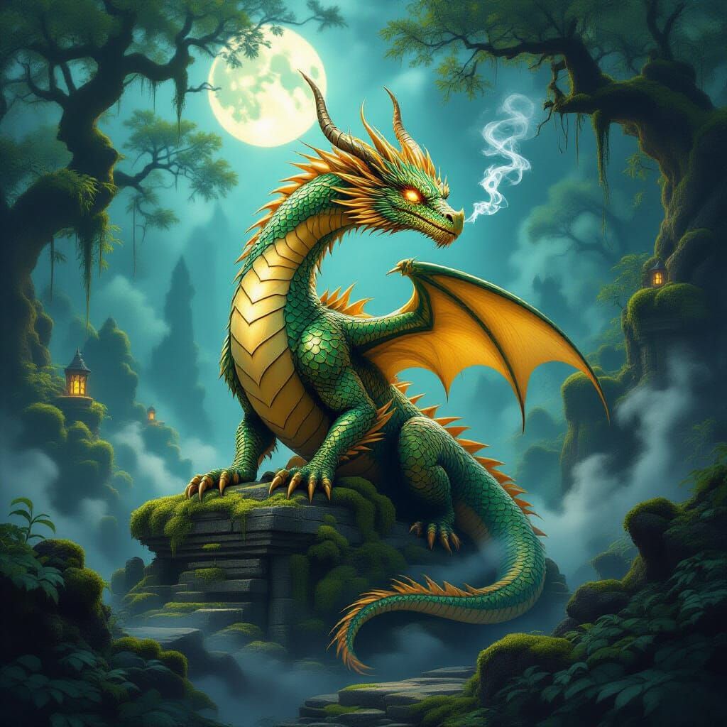 Majestic Gold Dragon in Moonlit Forest