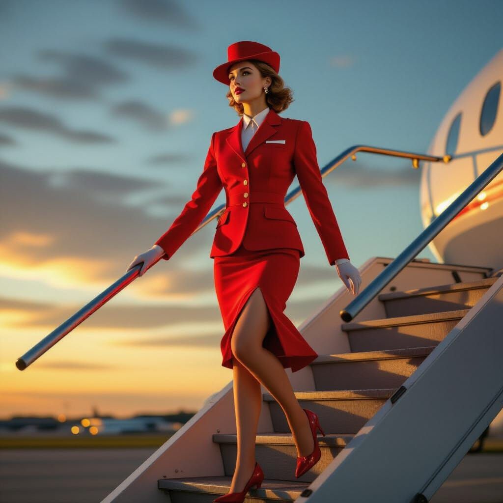 Stewardess Ascends Airplane Stairs at Sunrise