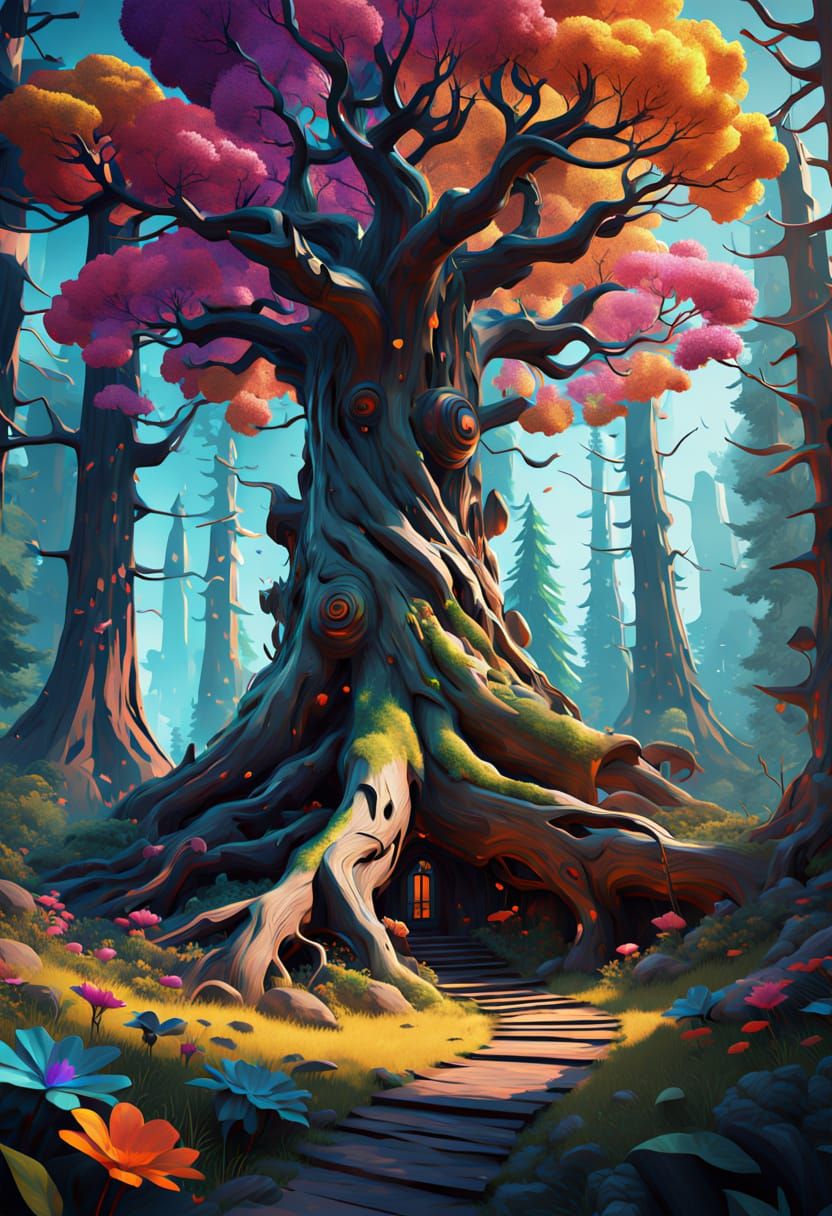 Vibrant Whimsical Forest in Cyberpunk Color Palette