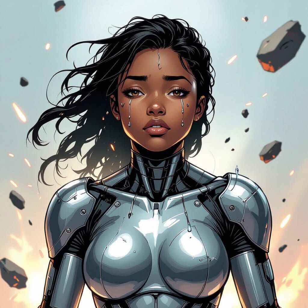 Black Heroine Withstands Exhaustion After Battle, Metallic B...
