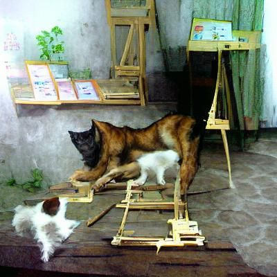 Simple Painting of Cat and Dog on Easel