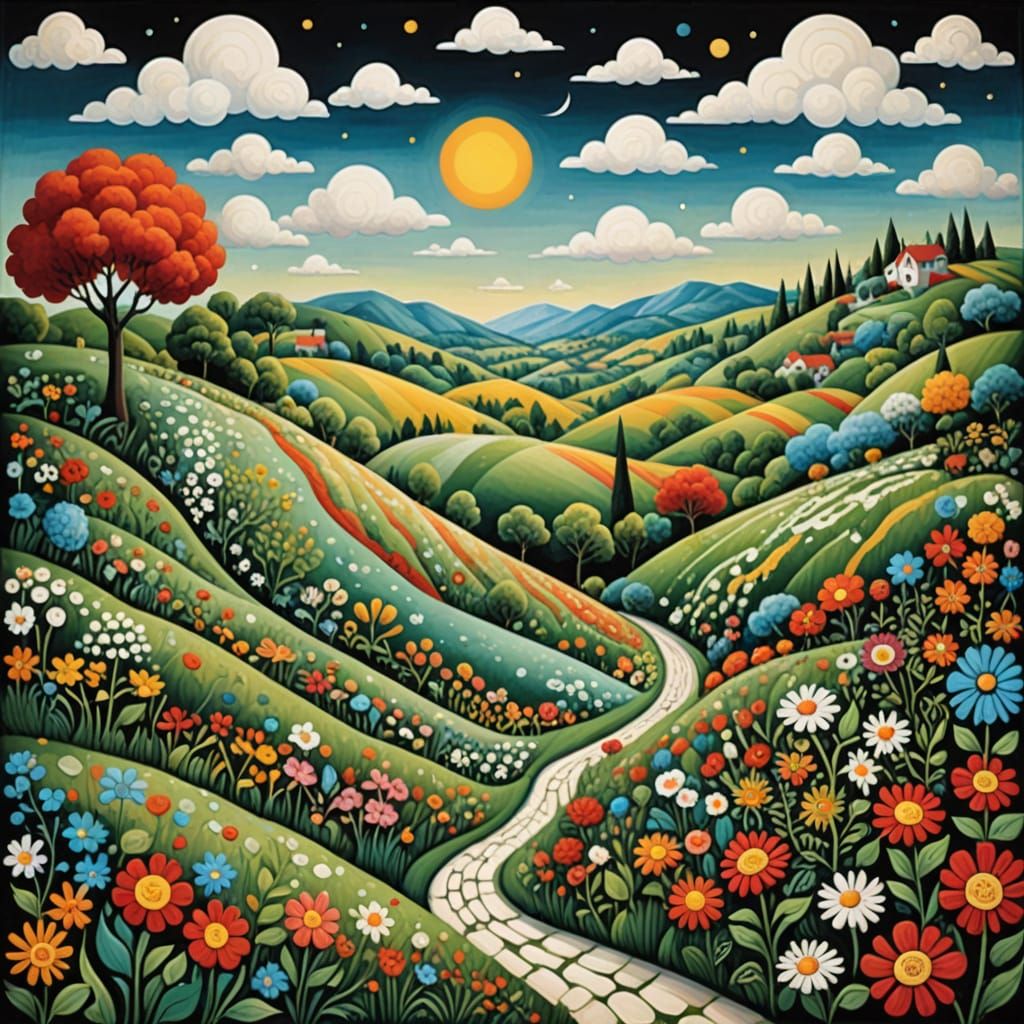 Whimsical Gingham Landscape in Folk Art Style