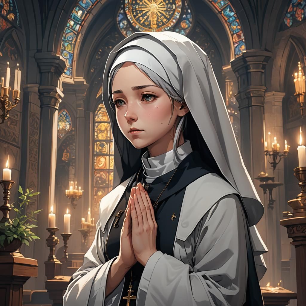 Young Nun in Solemn Prayer, Cel-Shaded Anime Style