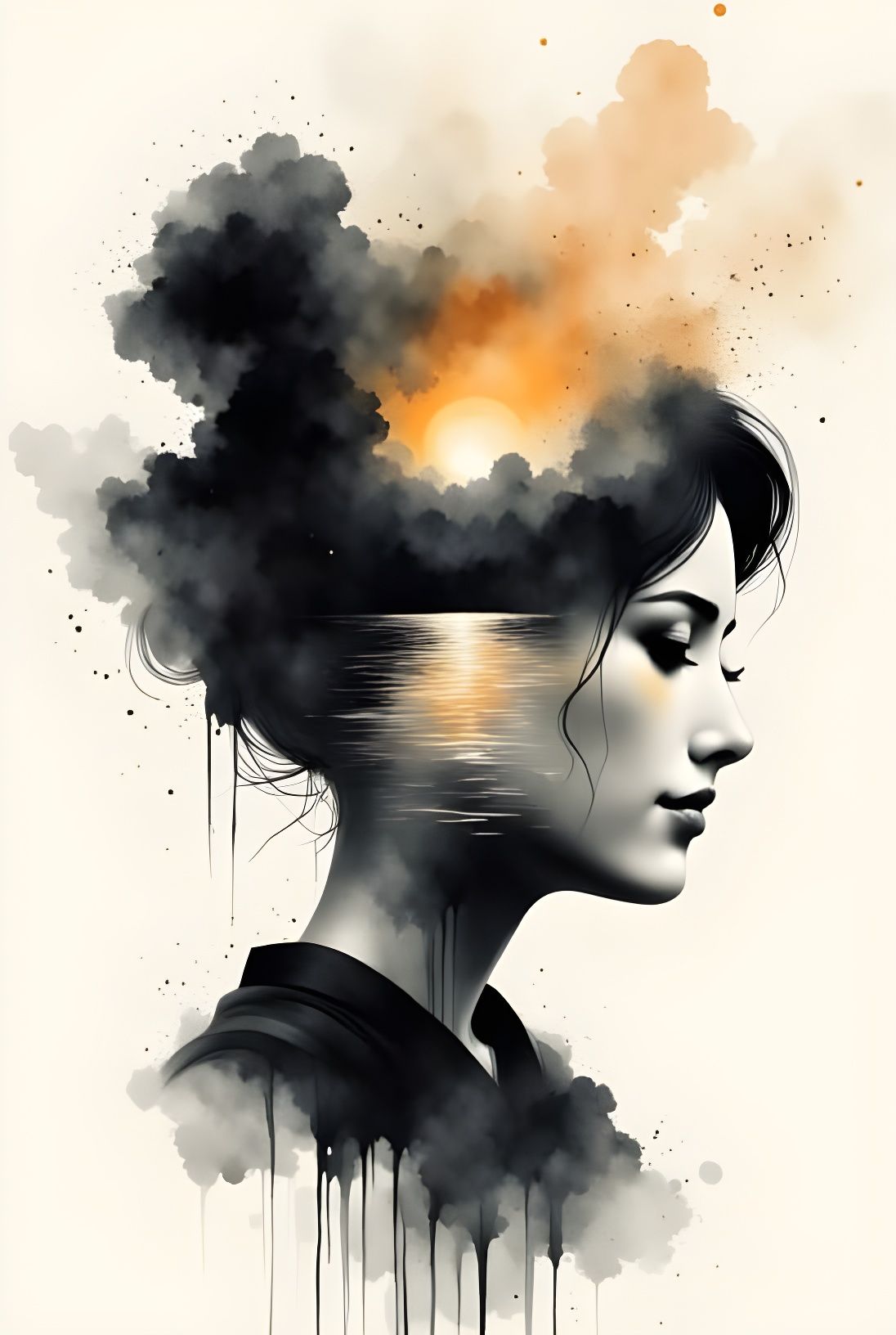 Japanese Ink Portrait with Subtle Sunset