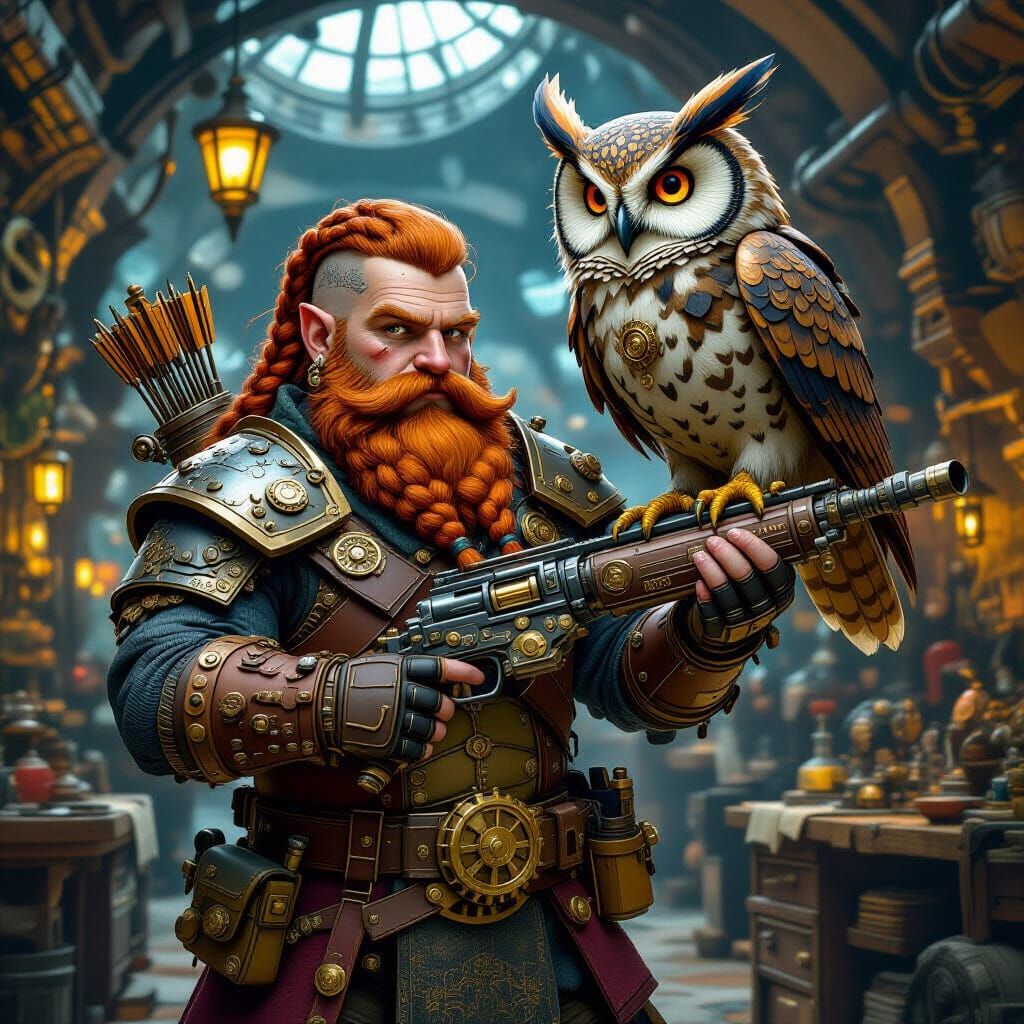 Steampunk Dwarf Tinkerer with Clockwork Owl, Art Nouveau Sty...