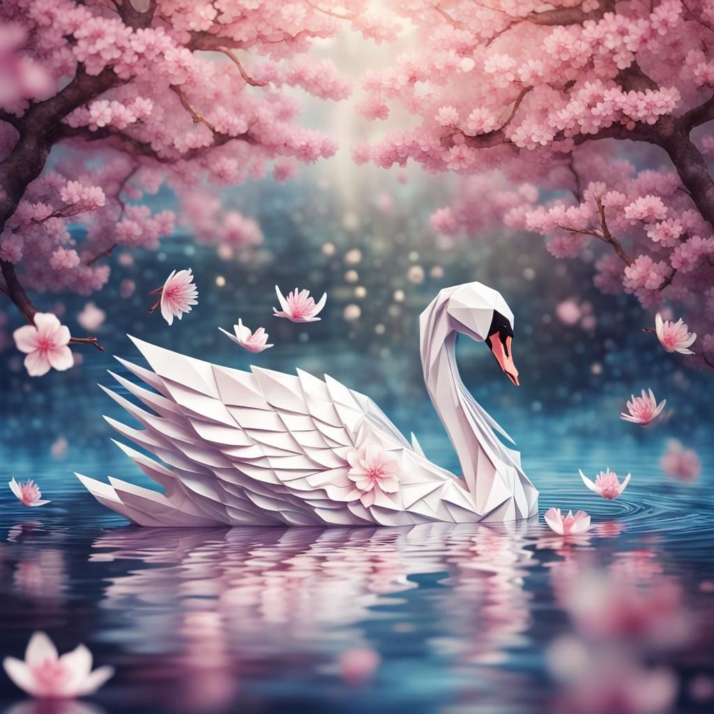 Swan in Cherry Blossoms: Watercolor Origami Art
