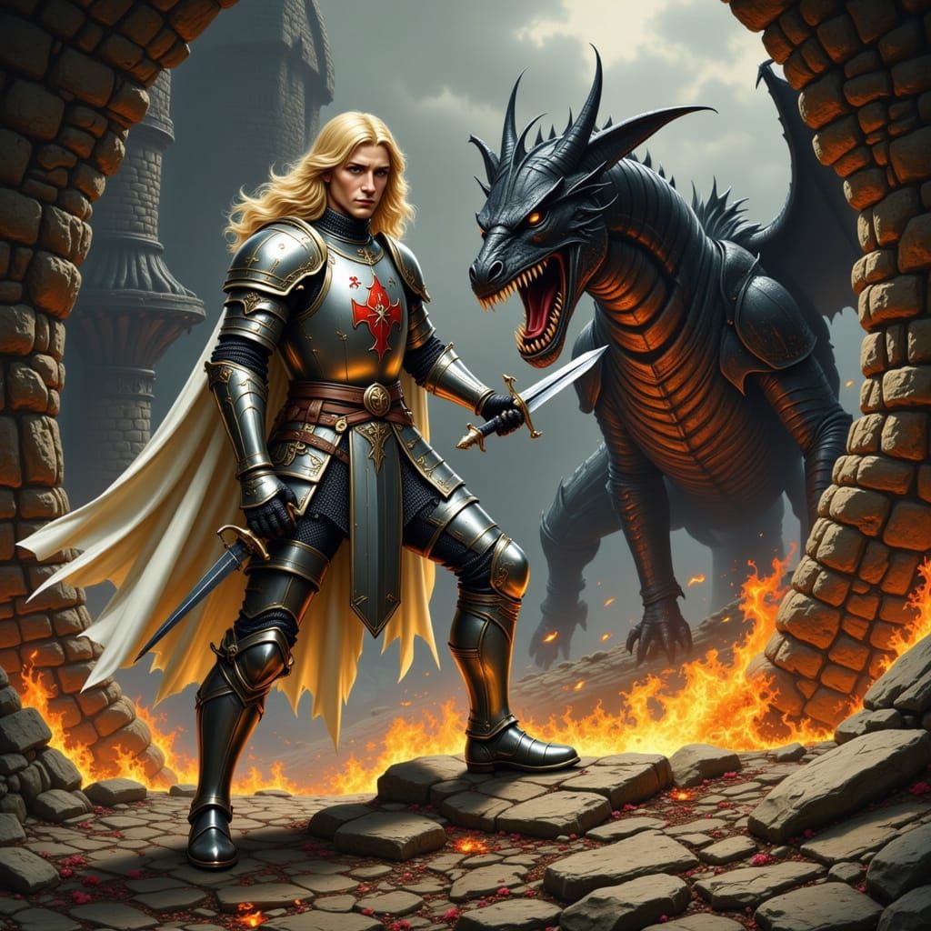 Knight Battles Dragon in High Fantasy Style