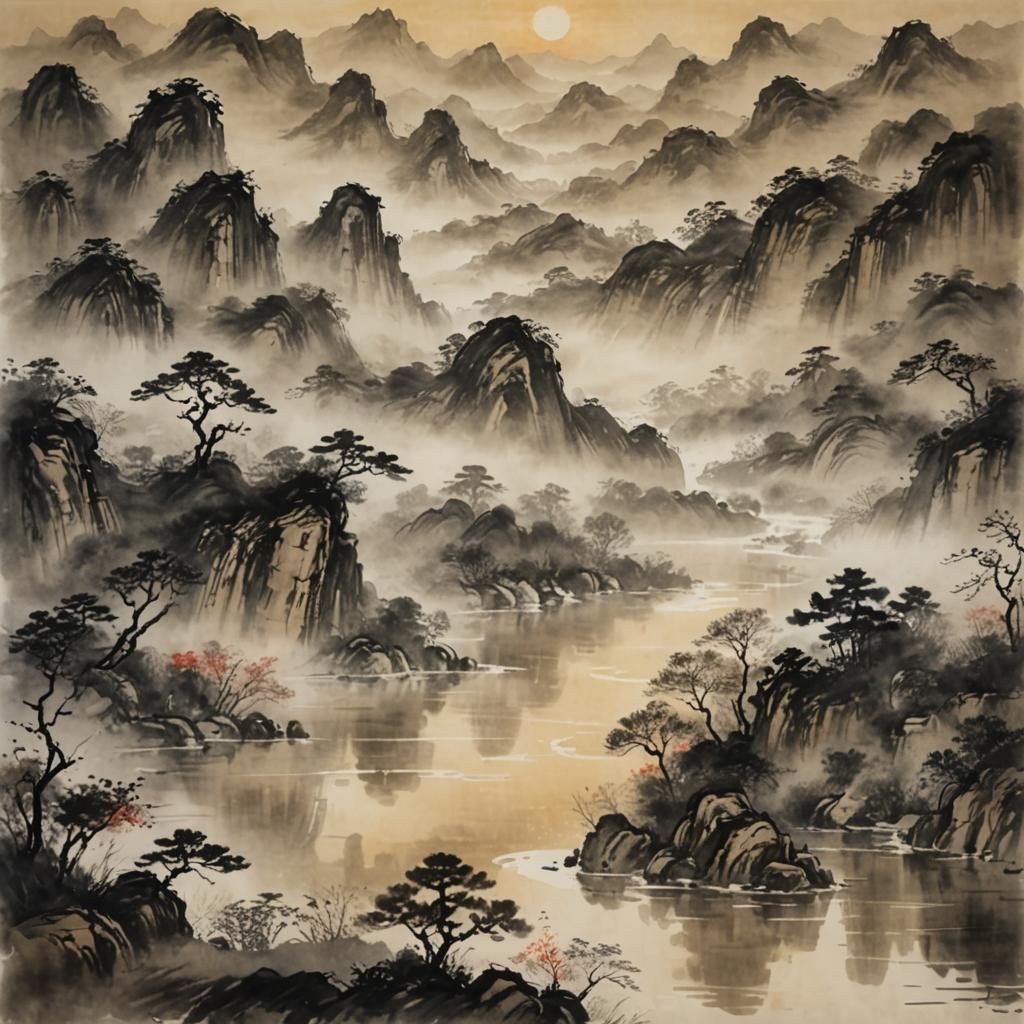 Misty Hills Sunrise: Chinese Ink Wash Painting