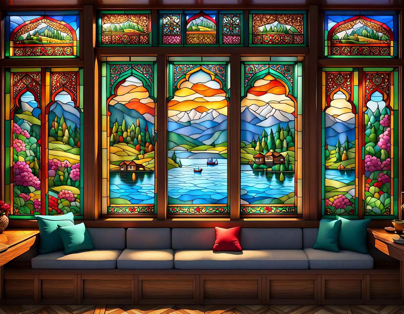 Kashmiri Houseboat in Stained-Glass Window Art