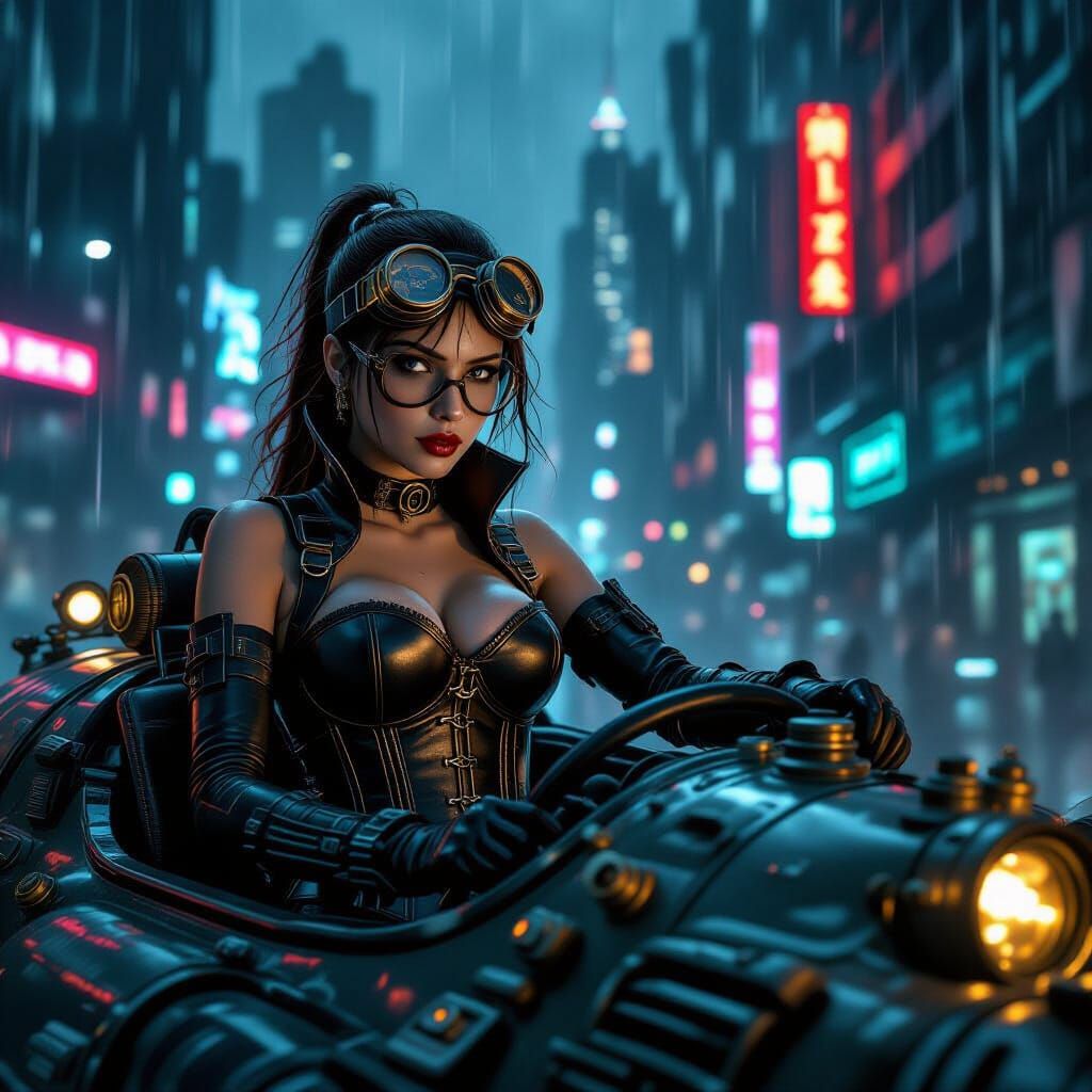 Steampunk Mad Scientist in Cyberpunk Cityscape