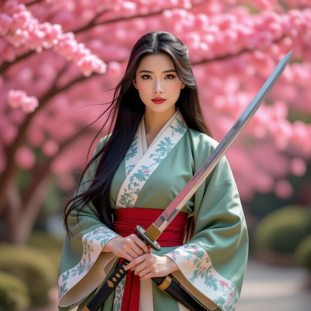 Mulan-like Warrior Poses Amidst Pink China Trees