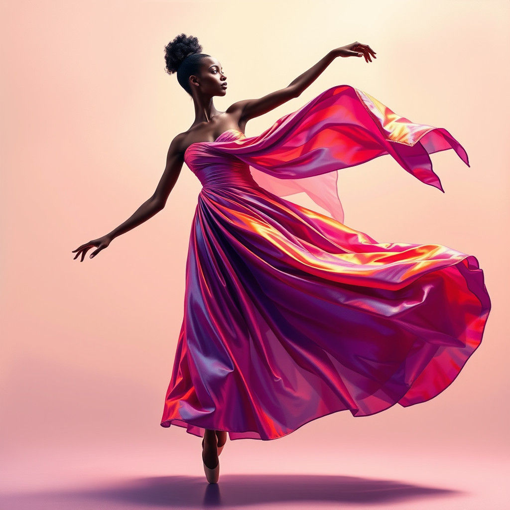 A ballerina mid-leap, with flowing fabric and elegant form.