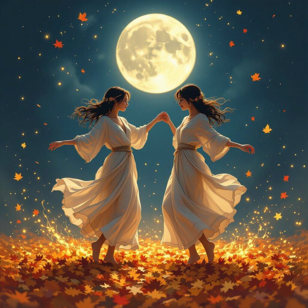 Silhouetted Twins Dance in Autumn Leaves Under Full Moon