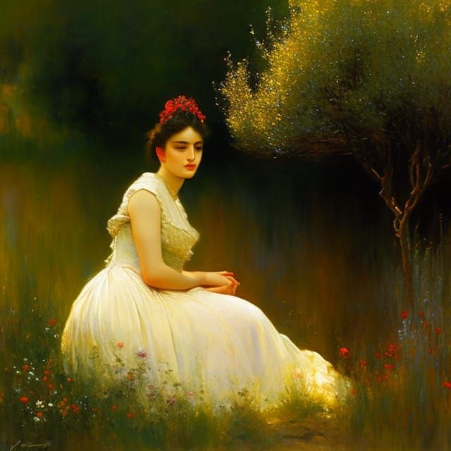 Elegant Victorian Lady in a Whimsical Garden Landscape