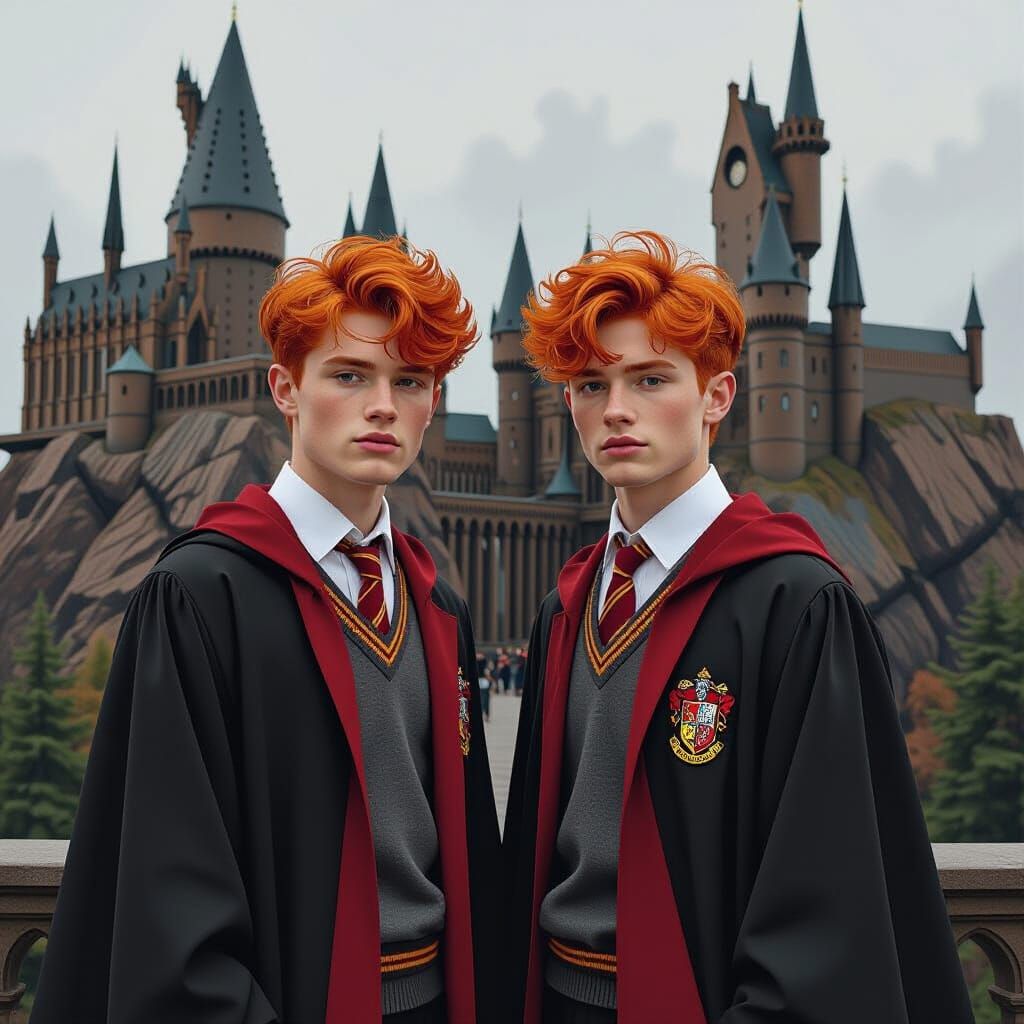Red-Haired Twins at Hogwarts: Detailed Digital Illustration