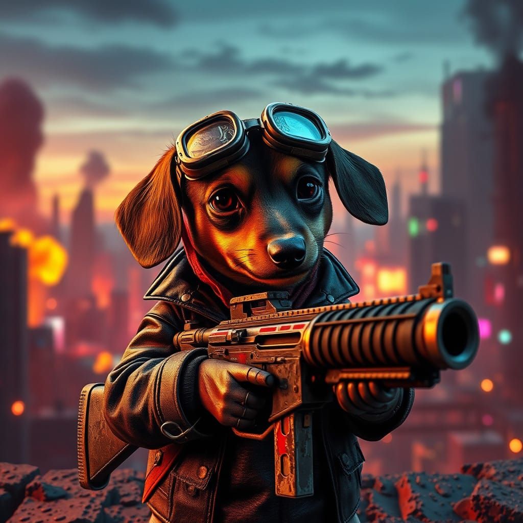 Miniature Dachshund Wields Machine Gun in Dystopian Cityscap...