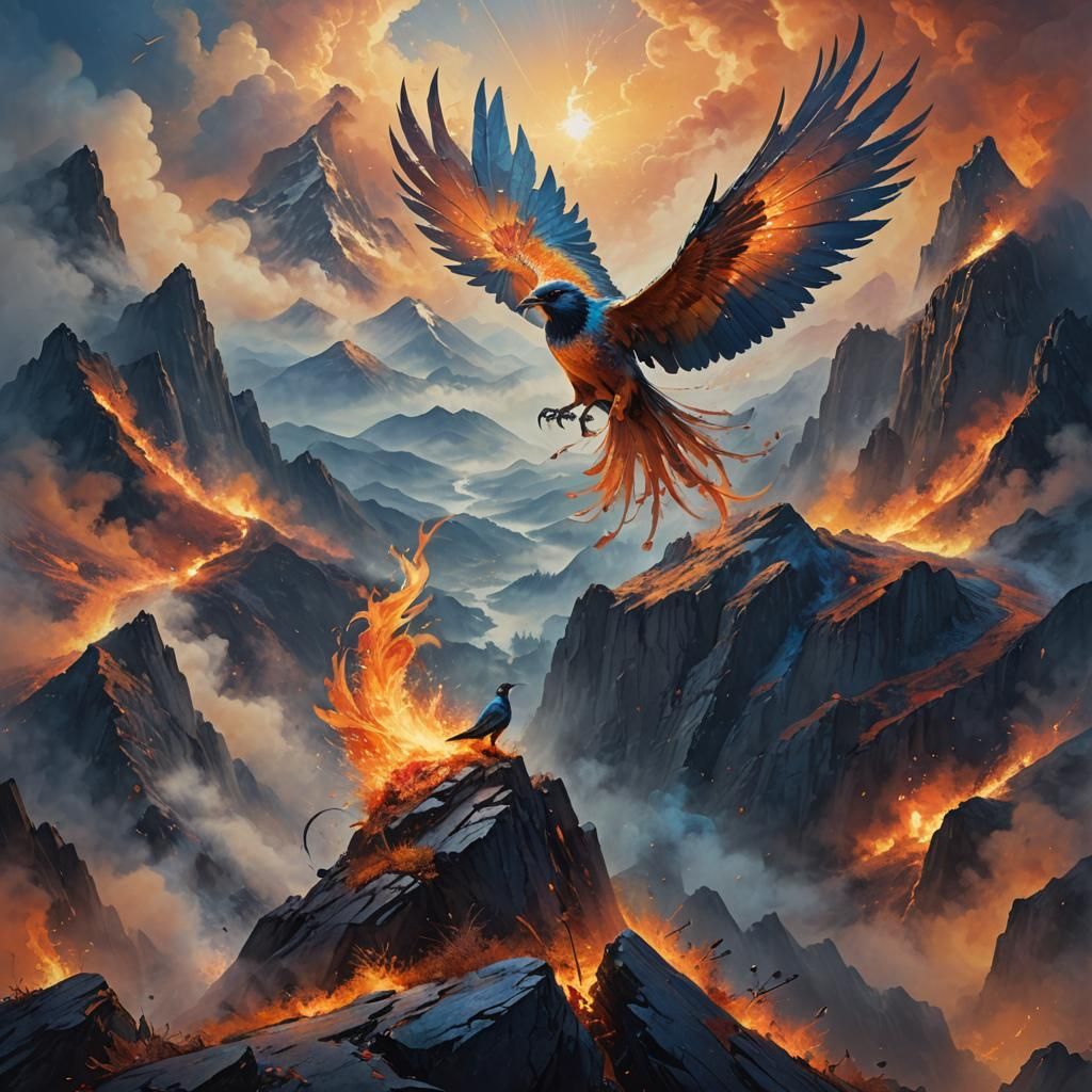 Fiery Bird on Misty Peak: Fantasy Concept Art