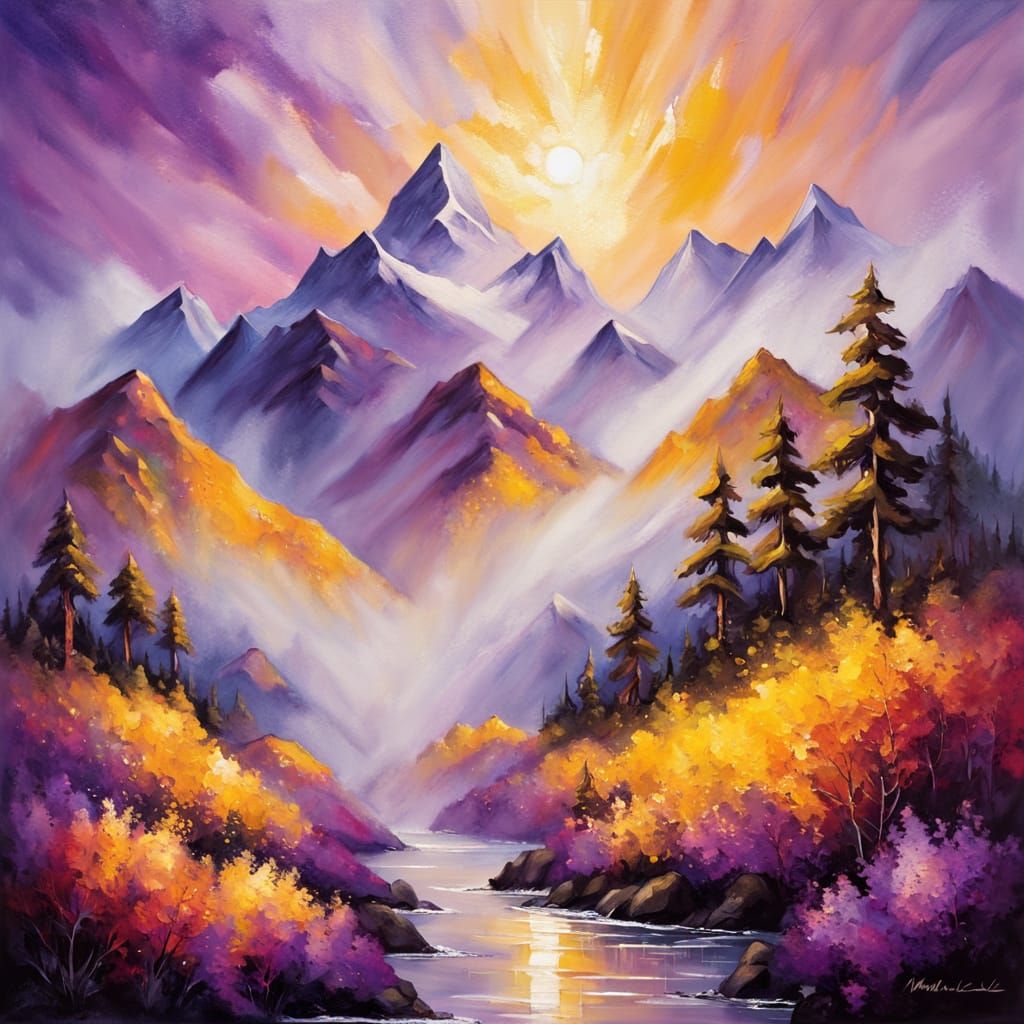 Dreamlike Purple Hued Mountain Range in Warm Golden Light
