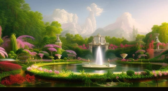 Botanical Garden Painting in Hudson River School Style