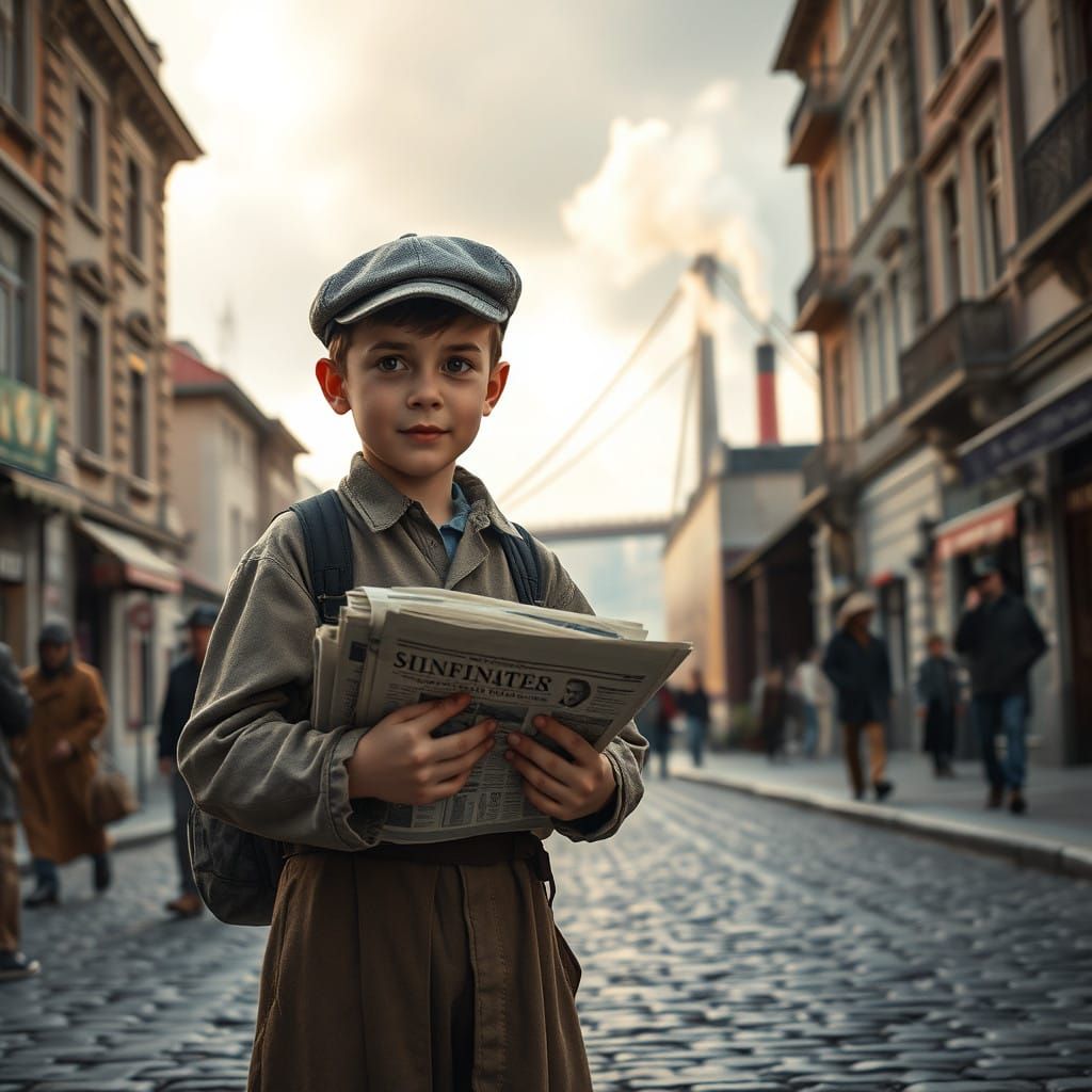 Young Boy Unfolds Newspapers in Retro Istanbul Streets