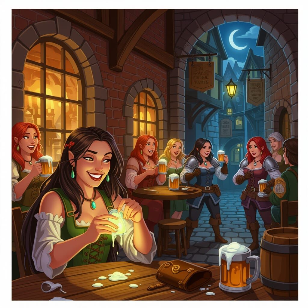 Mischievous Woman in Bustling Tavern, Cartoon Style