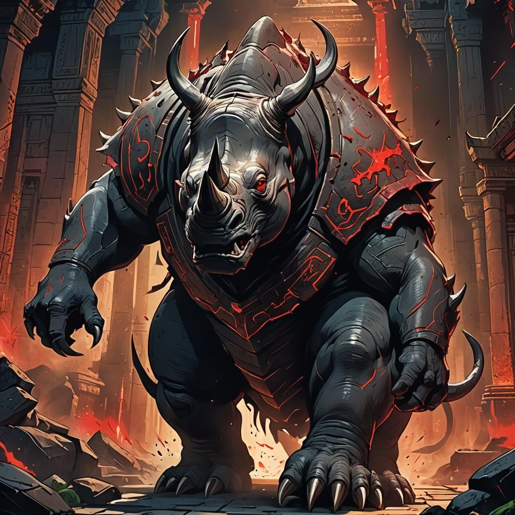 Rhino Demon Charging in a Mystical Temple