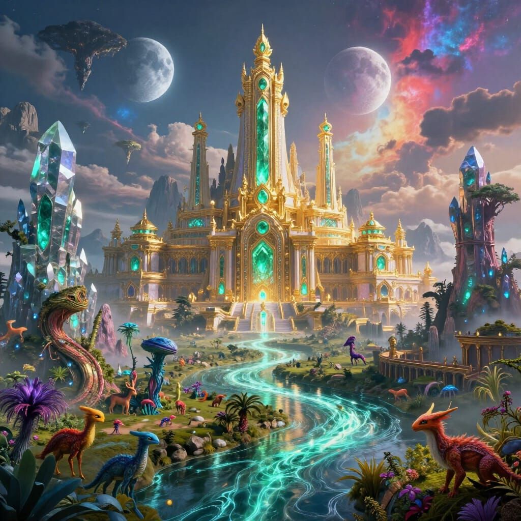 Emerald Palace on Alien Planet with Crystal Mountains