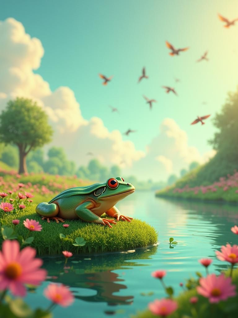 Fantasy Meadow with Contemplative Frog, as Concept Art