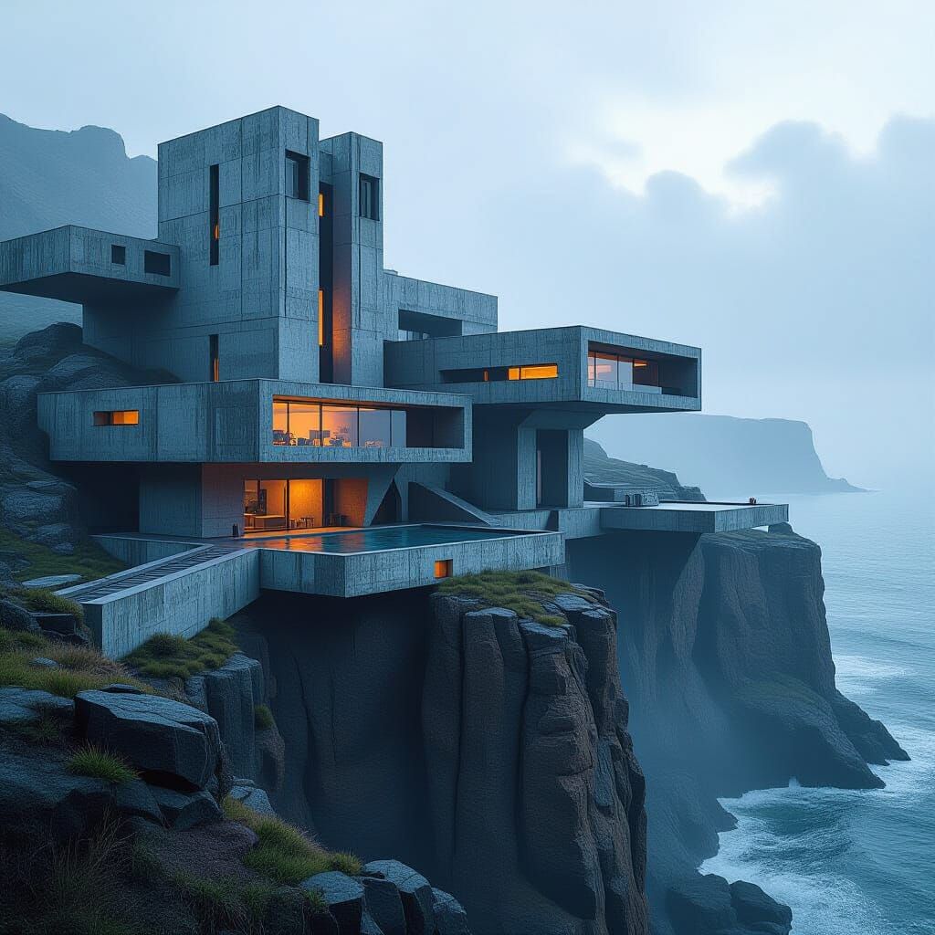 Brutalist Cliff Compound in Crimea: Photorealistic Architect...