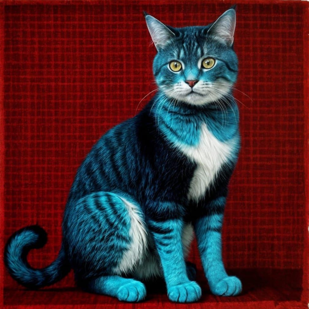 Surreal Feline on Red Plaid Cyanotype