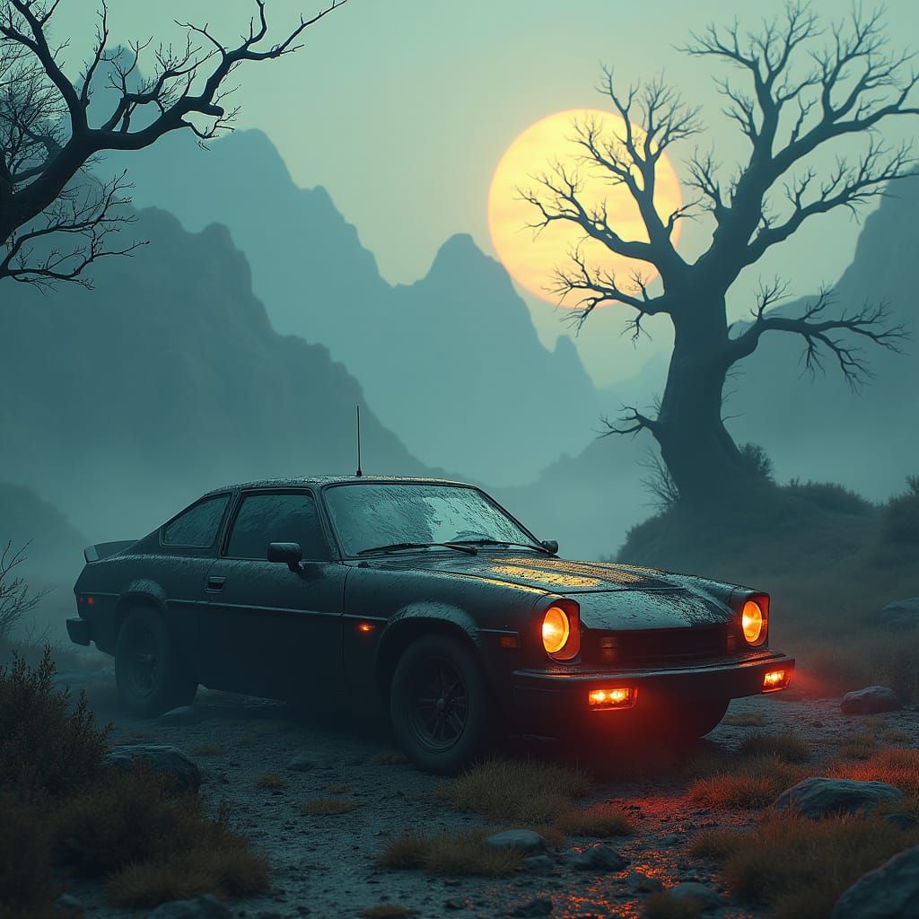 Mystical Abandoned Car in Dreamlike Landscape