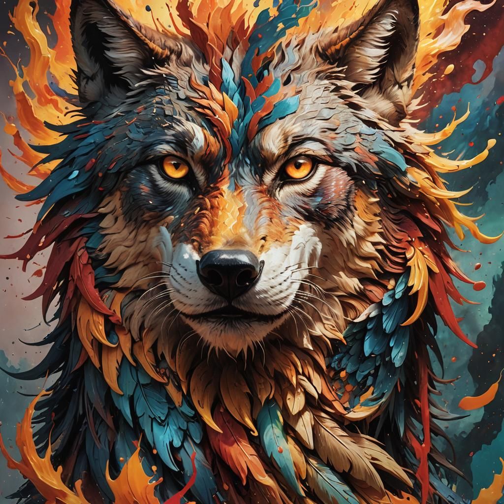 Phoenix and Wolf Split Face Illustration