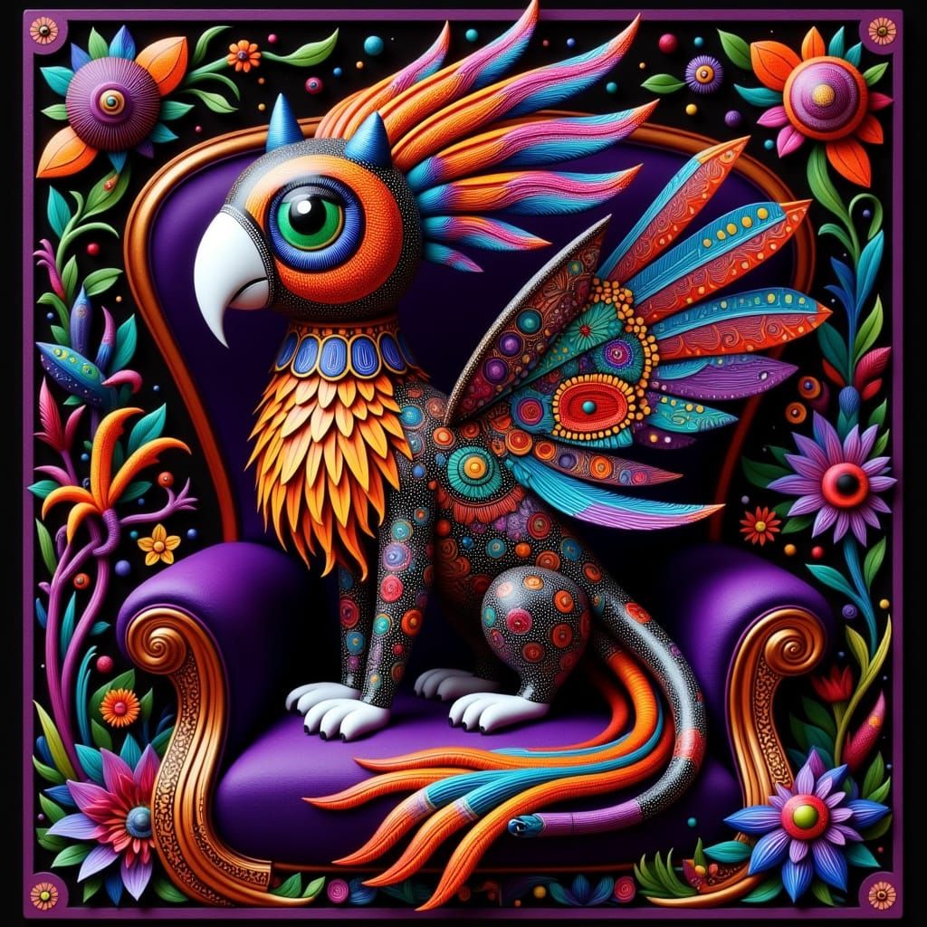 Psychedelic Parrot-Cat Hybrid in Alebrije Style