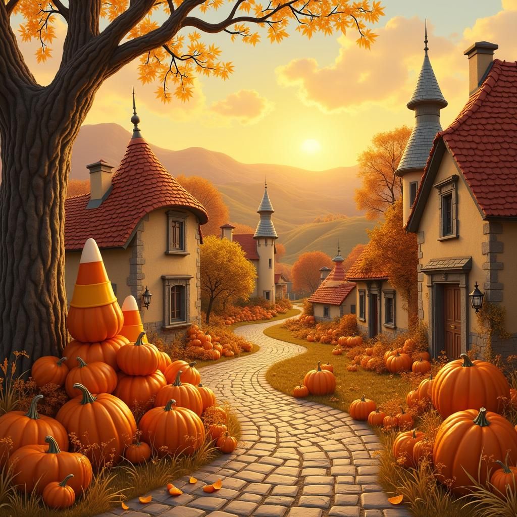 Autumnal Candy Corn Village in Rockwell Style