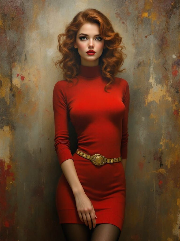 Auburn Haired Pin Up Woman in Red Dress