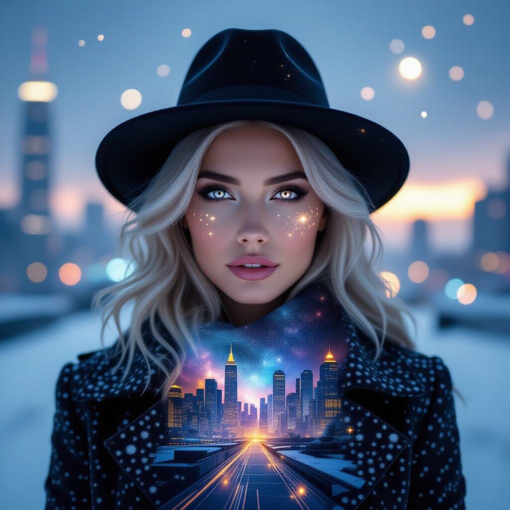 Mysterious Woman Portrait with Galaxy City Double Exposure