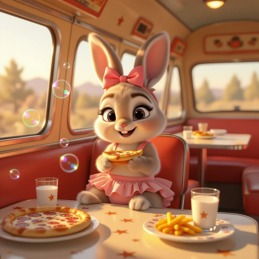 Pixar Style Bunny Enjoys Pizza in Retro Caravan
