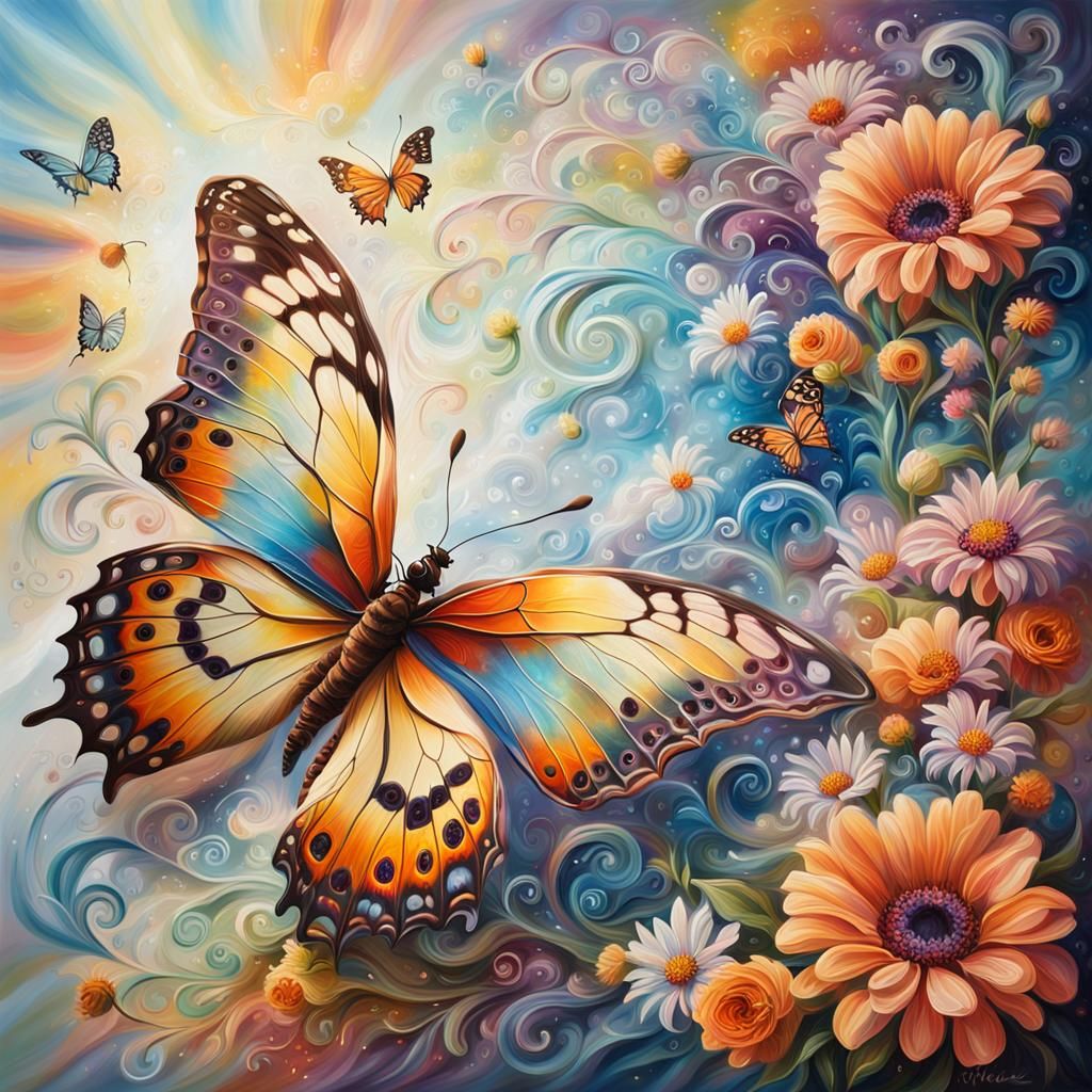 Colorful Butterfly in Boho Flowers Oil Painting