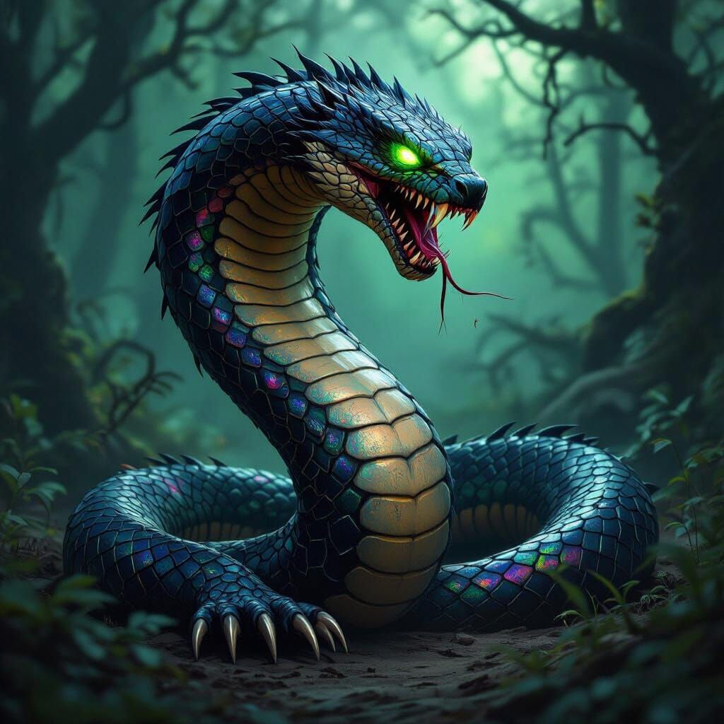 Fearsome Cobra-Wolverine Hybrid in Mystical Forest