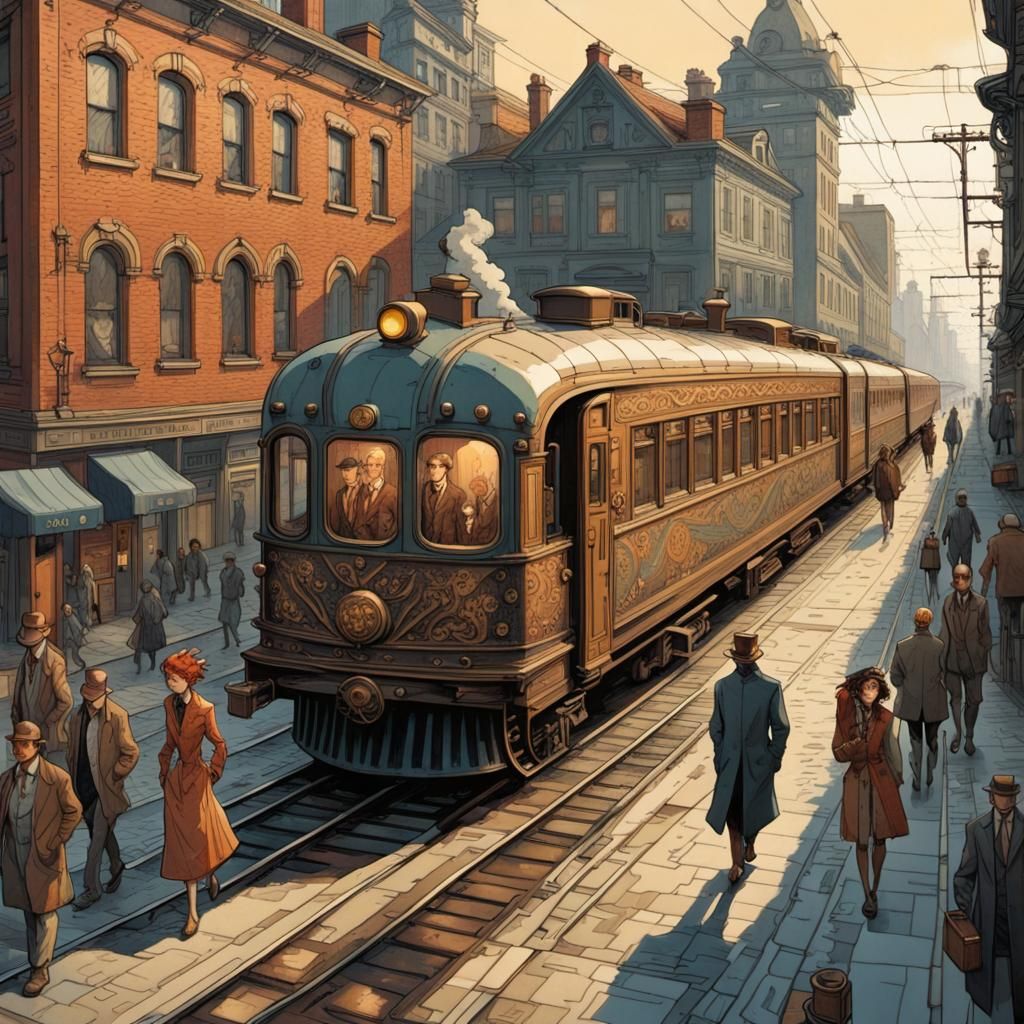 People Walking Near Train in Magicpunk Style