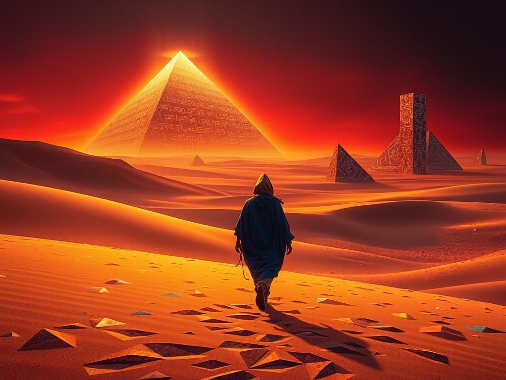 Dreamlike Desert Odyssey in Vibrant, Triangular Splendor