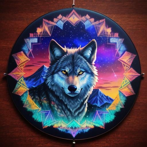Wolf Dreamcatcher with Sunset, Astral Cosmic Art