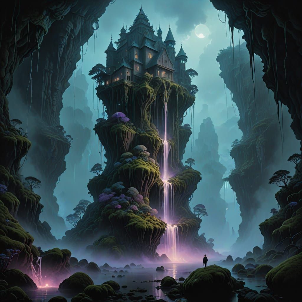 Surreal Landscape with Bioluminescent Fog and Ancient Ruins