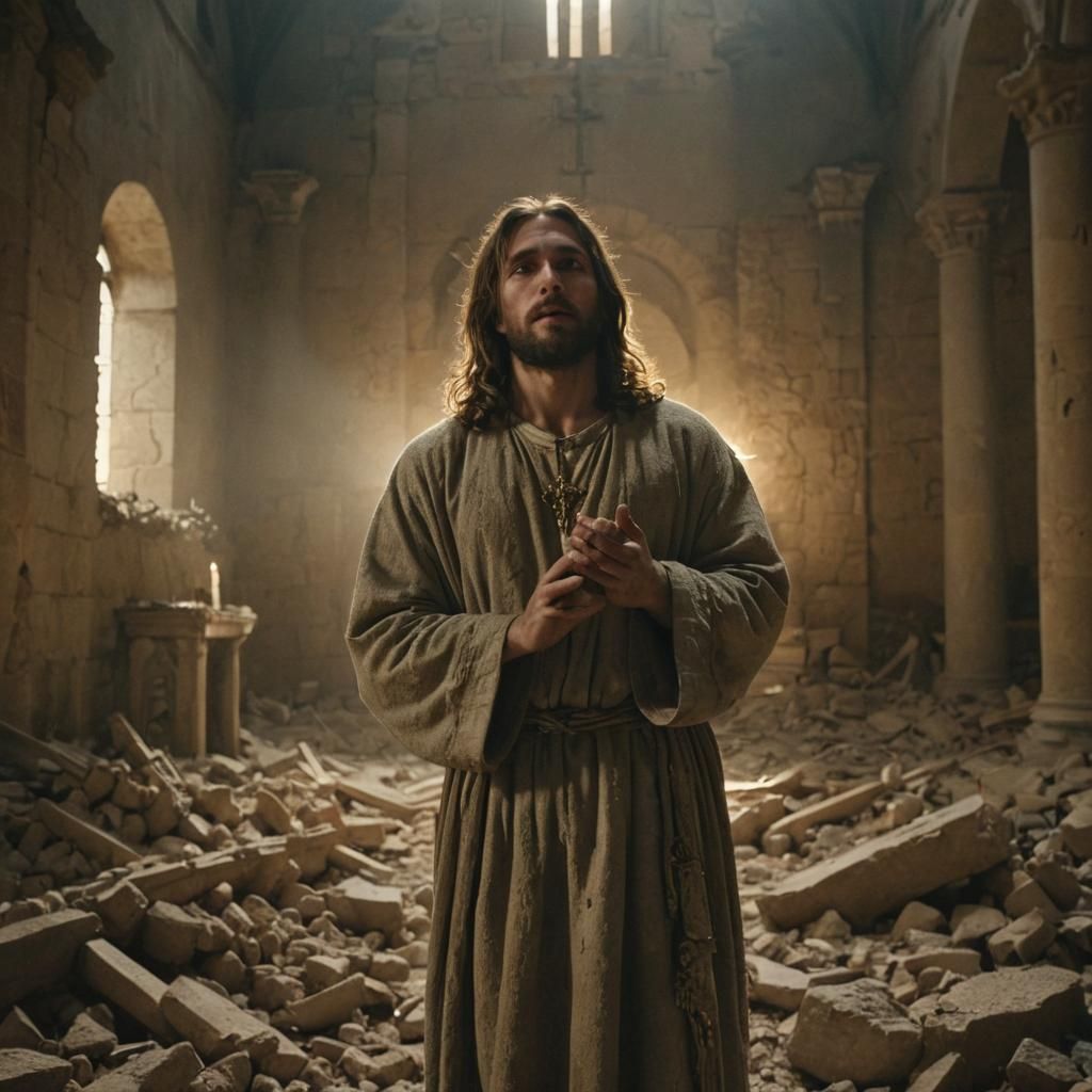 Christ in Ruined Church: Baroque Cinematic Still