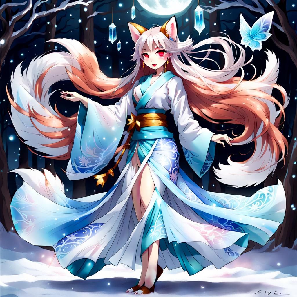 Icy Kitsune Spirit Dancing in a Light Kimono