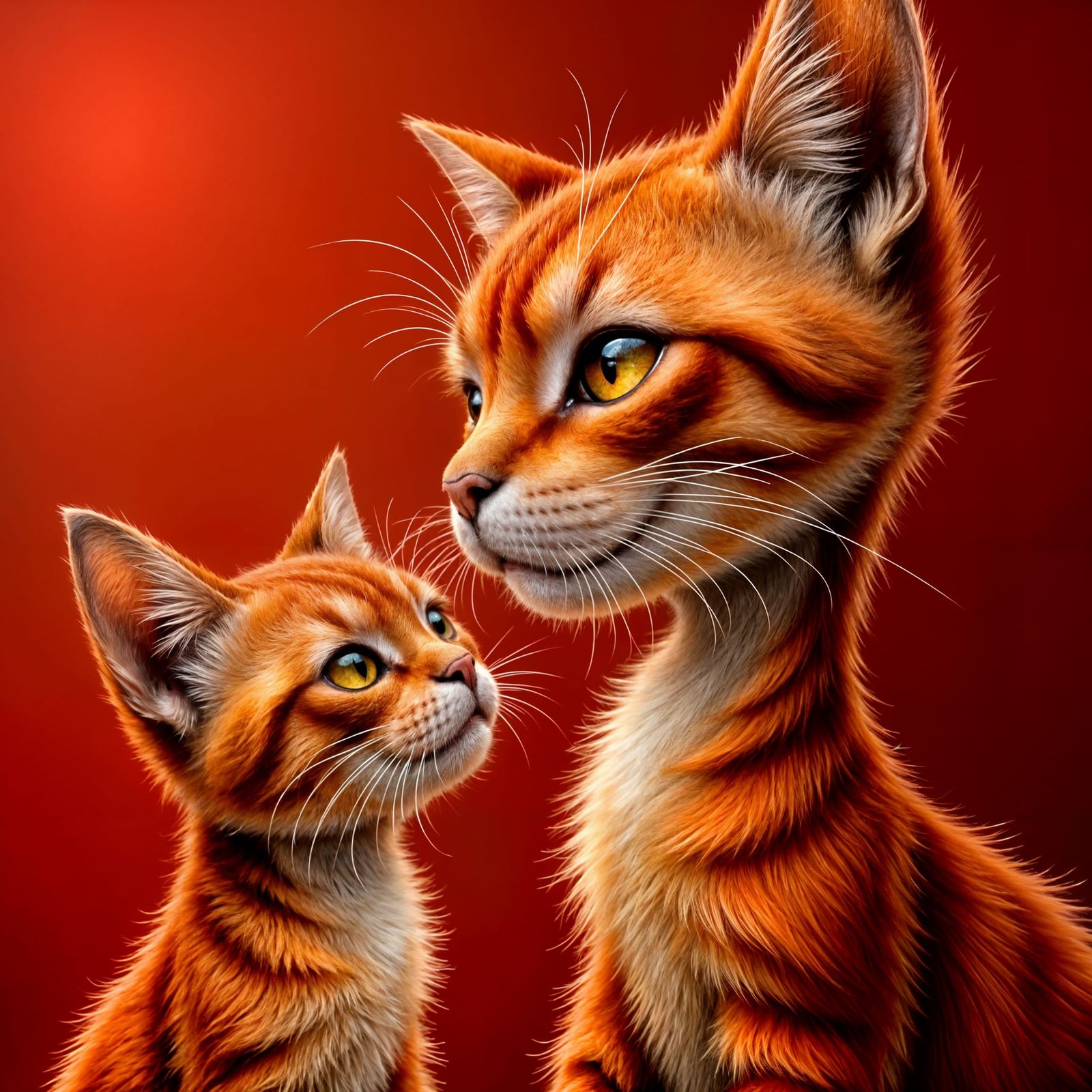 Mother and Kitten Cats Showing Affection on Red Background