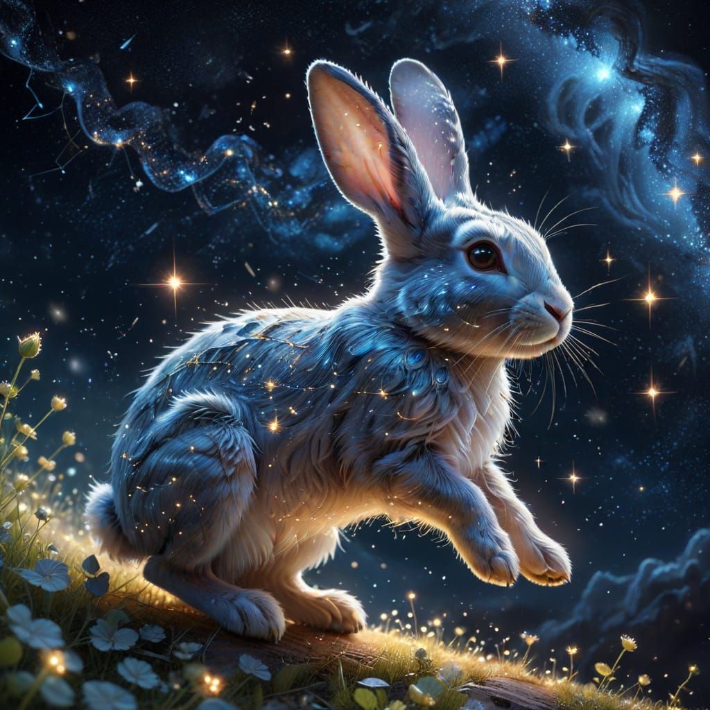 Starlight Rabbit Hopping Across Celestial Night Sky